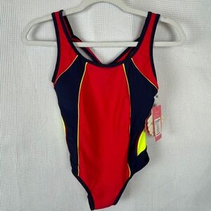 NWT Wantdo Womens One Piece Swimsuit Red Navy Neon Yellow Athletic L1907 Size 12